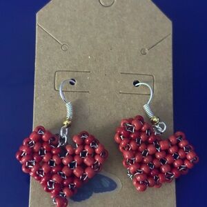 Elegant Red Beaded Heart Earrings